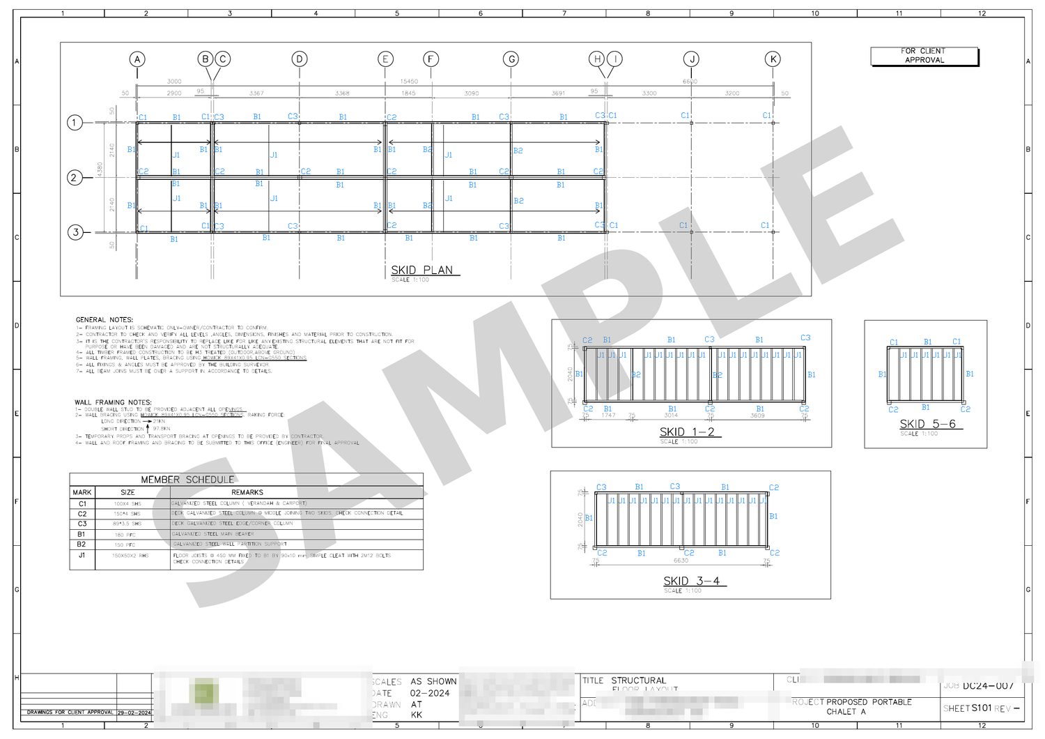 Sheet 2 — floor layout: steel skid framing plan, member schedule, and individual skid framing views.